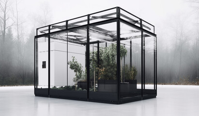 A minimalist black and white greenhouse with high-tech climate control systems for exotic plants