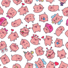 Cute kawaii little pig. Seamless pattern. Smiling nice cartoon animal character. Hand drawn style. Vector drawing. Design ornaments.