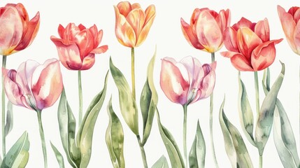 Obraz na płótnie Canvas Flower pattern with tulips, pastel watercolor Illustration.