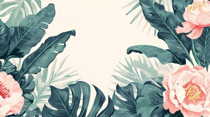 Romantic illustration of Philodendron and Peonies on light background. Modern banner.