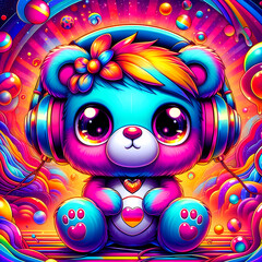 digital art vibrant colorful psychedelic cute alien with headphones vibin to music
