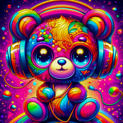 digital art vibrant colorful psychedelic cute alien with headphones vibin to music