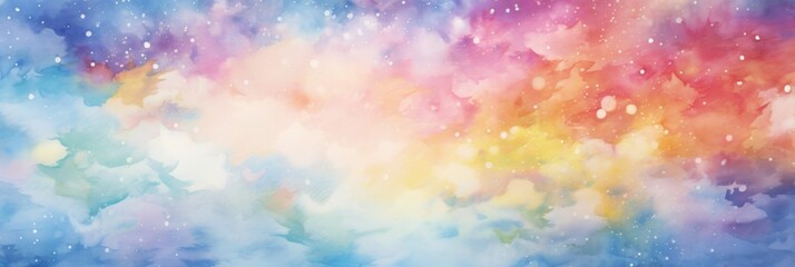 A vibrant watercolor background featuring a rainbow of colors including magenta, electric blue, and more. The colors create a beautiful pattern reminiscent of the sky