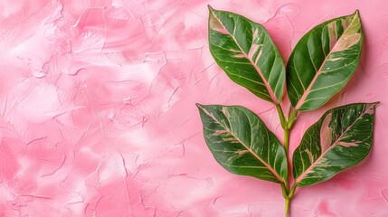   A green leaf closely framed against a pink backdrop, featuring a teardrop of water nestled on its left side