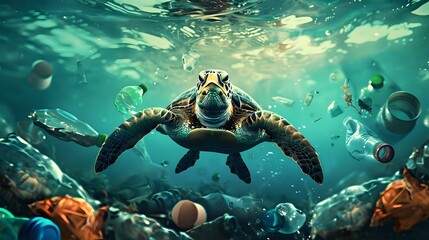 plastic pollution with turtle swimming underwater between discarded plastic bottles