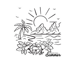 Tropical Summer beach wave with palm trees, mountains and sunset for t shirt print. Stylized vector of a tranquil seaside landscape for summer travel and vacation. graphic tee for surf up summer time.