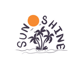 Summer Sunshine Tropical Beach Palm Trees. Sunshine with wave. Long beach summer time print design artwork.