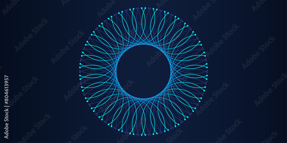 Poster abstract dark blue background with glowing circle geometric lines in blue green light rounded lines 
