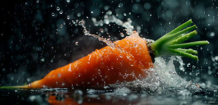 a carrot being sprayed with water, with droplets clinging to its orange surface and flying off in arcs