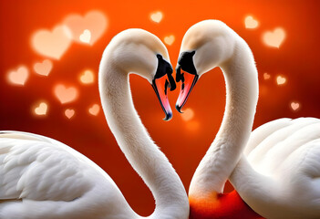 Obraz premium Two white swans forming a heart shape with their necks on a dark orange-red background