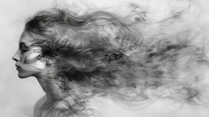  smoke emerges from her visage; wind rustles her hair