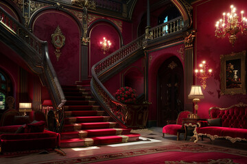 Bold crimson entrance hall featuring a grand, baroque-style staircase and luxurious velvet furnishings, exuding opulence and grandeur. Strategic lighting highlights the rich details.