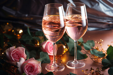 Rose wine in champagne glasses, Winter Holidays party concept, banner, Christmas green tinsel and pink confetti as decoration. Shiny New Year flat lay, top view wineglass at sunlight, shadow