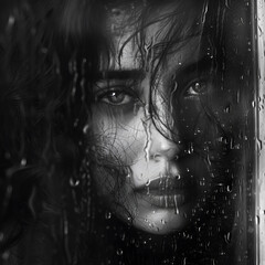 Black and white portrait of a beautiful girl behind the wet glass.