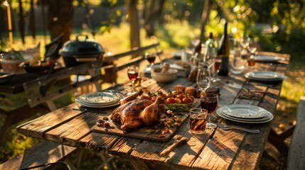A rustic outdoor setting with a table set for a barbecue feast featuring tender grilled chicken."