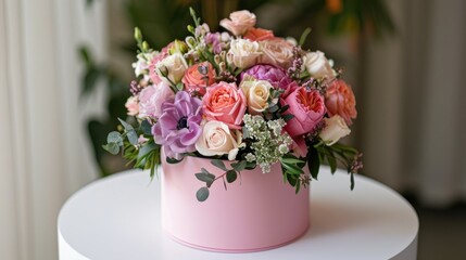 A stunning arrangement of flowers elegantly displayed in a circular pink box rests atop a pristine white table This exquisite floral creation makes for a perfect gift for various occasions 