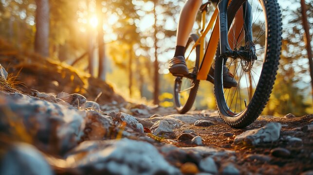 An intense mountain biking scene on a rugged trail, a cyclist navigating rocky terrain - Powered by Adobe