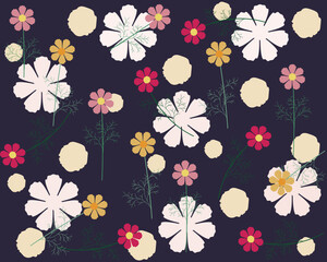 A brightly colored cosmea on a dark background. Botanical print for wallpaper, textile, patchwork fabric design