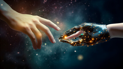 Obraz na płótnie Canvas Futuristic AI and Machine Learning Robotic and Human Hands Embracing Big Data
