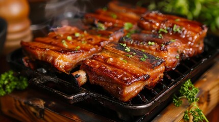 A sizzling grill loaded with succulent triple-layer pork belly, promising a mouthwatering feast."