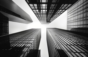 A black and white photo of modern skyscrapers, focusing on the architectural details of their metal facades Generative AI - Powered by Adobe