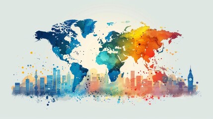 Colorful world map illustration with dynamic watercolor splashes and city skyline silhouettes