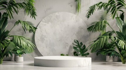 White background of wall with palm shadows and white stone podium