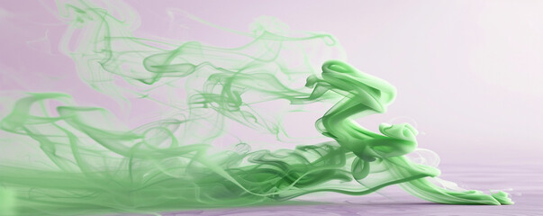 Bright green smoke abstract background rises from a soft lavender floor.