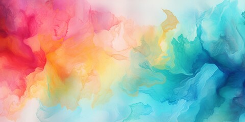 A detailed closeup of a vibrant watercolor painting featuring a rainbow of colors on a white background, evoking a dreamy atmosphere with hints of purple, pink, and blue clouds