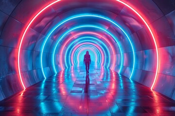 A solitary figure is seen walking towards the end of a vibrant, neon-lit tunnel, reflecting on the wet floor