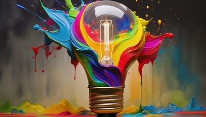 Creativity cocnept, with lightbulb made from oil paint mix, Ai generative illustration
