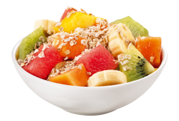 tigela com salada de frutas tropicais com flocos de aveia isolado em fundo transparente