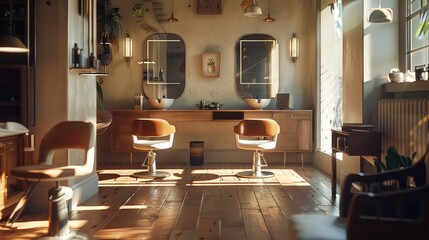 A photo of a hair salon with chairs and lights hanging from the ceiling, creating a modern and...
