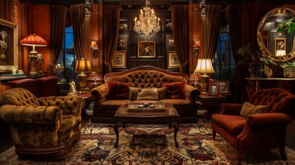 A traditional parlor with antique furnishings and rich, luxurious fabrics, evoking old-world charm."