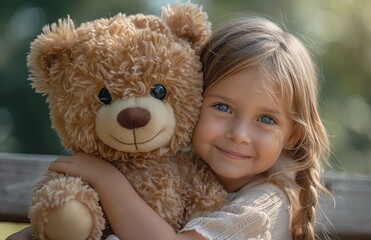 soft bear doll with a kind smile sits in the arms of a 5-year-old girl on a park bench