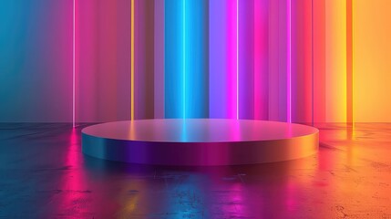A black brutalist podium for product display is set against a colorful backdrop, drawing inspiration from the mesmerizing hues of the Aurora Borealis.