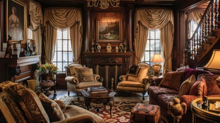 A traditional parlor with antique furnishings and rich, luxurious fabrics, evoking old-world charm."