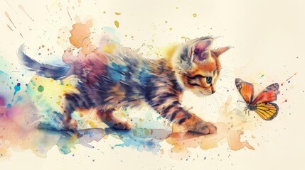 A cute watercolor painting of a kitten chasing a butterfly