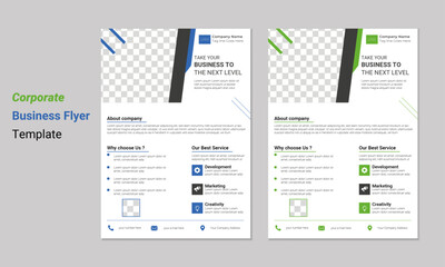 Template flyer blue with green elements for printing.