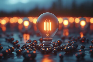 A single illuminated light bulb stands out brightly among a multitude of dark matte spheres, symbolizing the concept of innovation and creativity