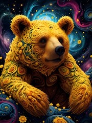 brown bear in outer space Galaxy, fractal flowers.