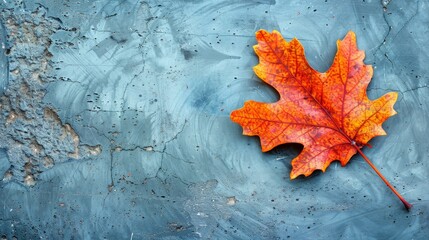   An orange maple leaf atop a blue surface, bearing cracks--one in its center