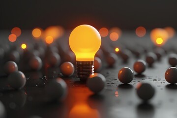 A single glowing bulb stands out amidst a dark backdrop with soft orange bokeh, creating a moody and focused scene