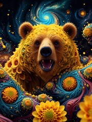 Bear in outer space with flowers. Galaxy, fractal.