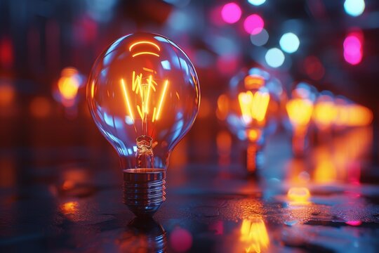 An array of incandescent light bulbs glowing with warm light, surrounded by abstract bokeh reflections on a shiny surface