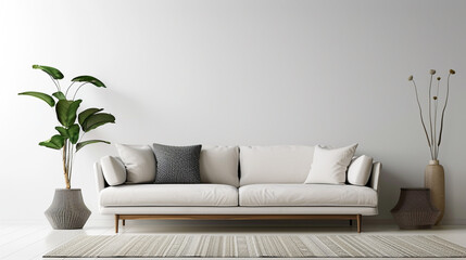A minimalist Scandinavian interior showcasing a sleek sofa and a stylish vase, capturing the essence of modern elegance and simplicity.