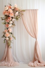 A mesmerizing shot of a meticulously adorned wedding arch, featuring an abundance of exquisite flowers and gracefully draped fabric, creating a captivating scene against a pristine white background.