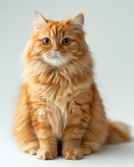 Obraz premium Fluffy orange British Longhair cat sitting gracefully atop a white floor