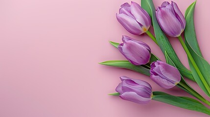 Obraz premium Delicate violet tulips set against a soft pastel backdrop perfect for a Women s Day greeting card Flat lay composition with space for personalized messages