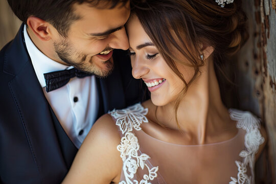 Couple in formal attire sharing a lighthearted moment of laughter inside a rustic barn, capturing the trend of relaxed yet sophisticated weddings